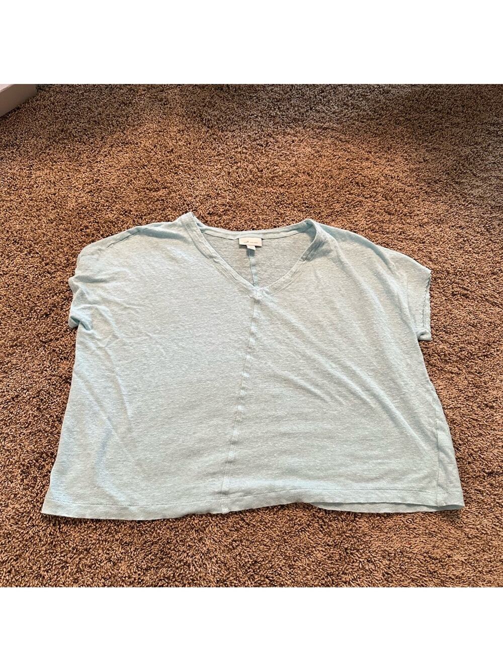 J. Jill Love Linen Women’s Petite Large oversized aqua blue V neck boxy blouse